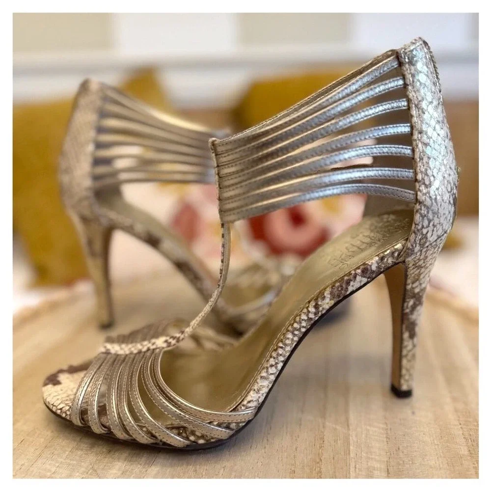 Vince Camuto Champagne Metallic Open Toe Stiletto 7B Embossed Leather 4